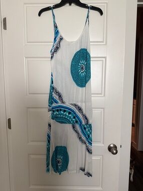 White Maxi Dress with Teal Medallion Print